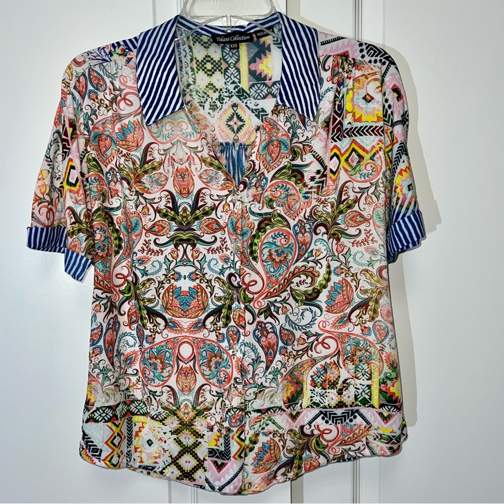Tolani Collection Blouse Short Sleeve Button Down Paisley Blue White Stripe XXS